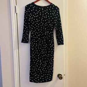Black and White Polka Dot (Hearts) Fitted Midi Dress, Ruched Side, 3/4 Sleeves